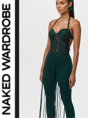 NAKED WARDROBE 💚 KNIT HALTER FRINGE CROP TOP JADE